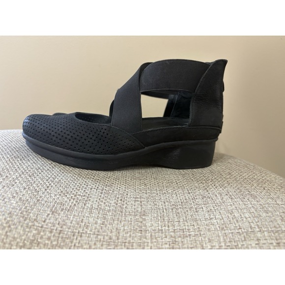 Dansko Laura Perforated Black Nubuck Cross-strap Wedge Heel Shoe